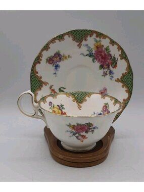 AYNSLEY Bone China England Green Scale Pattern with Florals Tea Cup and Saucer